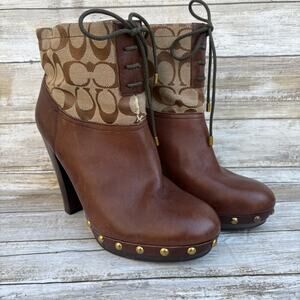 Coach Brown Leather Heeled Boots with Signature Pattern